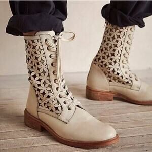 Free People Flower Power Cut Out Lace Up Leather Combat Boot Ivory Size 37